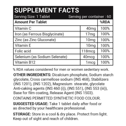 INLIFE Chelated Iron Folic Acid Supplement with Vitamin C, E, B12, Zinc & Selenium- 60 Tablets - Image 3