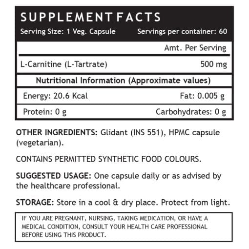 INLIFE™ L-Carnitine L-Tartrate (500mg) Supplement, 60 Vegetarian Capsules - Image 3