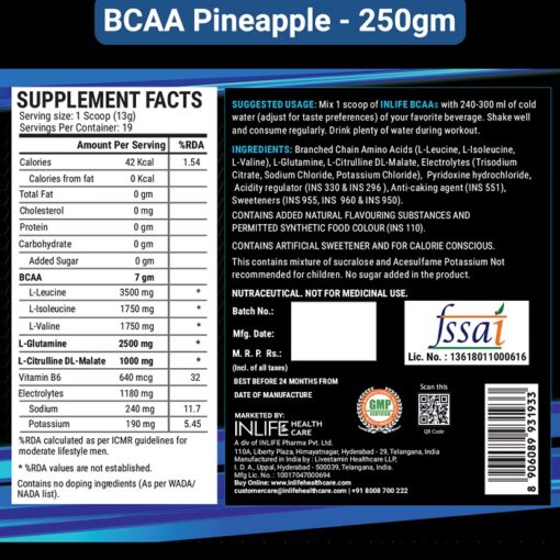 INLIFE 7g BCAA Pro Supplement with L-Glutamine, Citrulline Malate, Vitamin B6 & Electrolytes Powder - Image 4