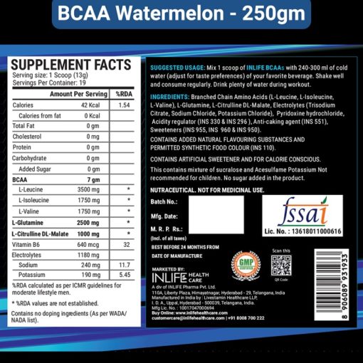 INLIFE 7g BCAA Pro Supplement with L-Glutamine, Citrulline Malate, Vitamin B6 & Electrolytes Powder - Image 3