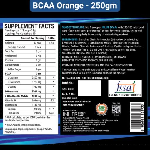 INLIFE 7g BCAA Pro Supplement with L-Glutamine, Citrulline Malate, Vitamin B6 & Electrolytes Powder - Image 2