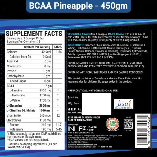 INLIFE 7g BCAA Pro Supplement with L-Glutamine, Citrulline Malate, Vitamin B6 & Electrolytes Powder - Image 7