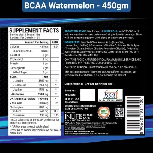 INLIFE 7g BCAA Pro Supplement with L-Glutamine, Citrulline Malate, Vitamin B6 & Electrolytes Powder - Image 6