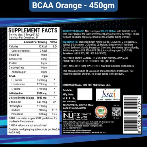 INLIFE 7g BCAA Pro Supplement with L-Glutamine, Citrulline Malate, Vitamin B6 & Electrolytes Powder - Image 5
