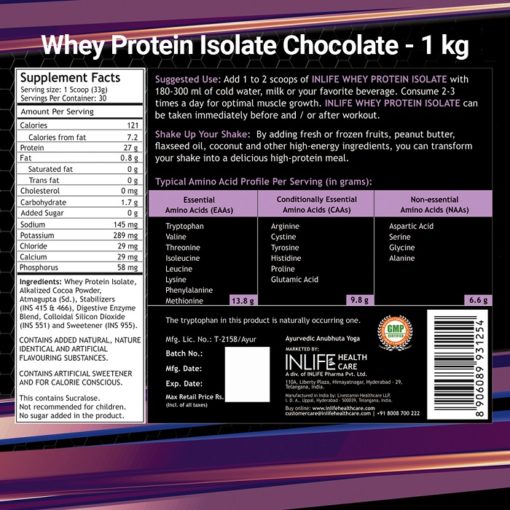 INLIFE 100% Isolate Whey Protein Powder Supplement - 1Kg (Chocolate) - Image 2