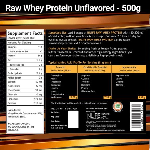 INLIFE 100% Raw Whey Protein Concentrate Powder, 500gms (Unflavoured) - Image 2