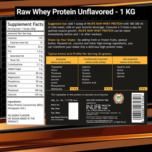 INLIFE 100% Raw Whey Protein Concentrate Powder, 1kg (Unflavored) - Image 2
