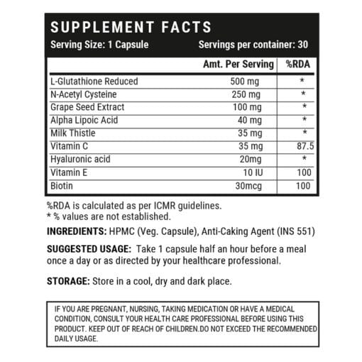 INLIFE L Glutathione Reduced Supplement, Vitamin C, Milk Thistle, Grape Seed Extract, Biotin 1000mg - 30 Veg Capsule - Image 3