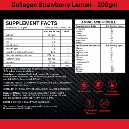 INLIFE Hydrolysed Collagen Peptides with Biotin, Vitamin C, Hyaluronic Acid and Glucosamine HCl Supplement, 200g - Image 4