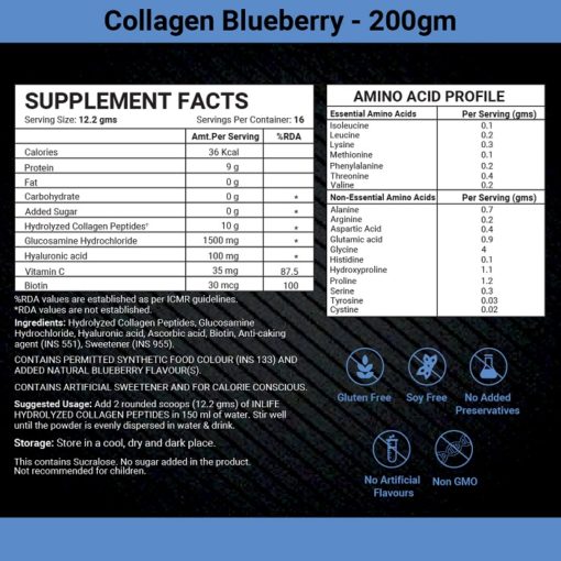 INLIFE Hydrolysed Collagen Peptides with Biotin, Vitamin C, Hyaluronic Acid and Glucosamine HCl Supplement, 200g - Image 3