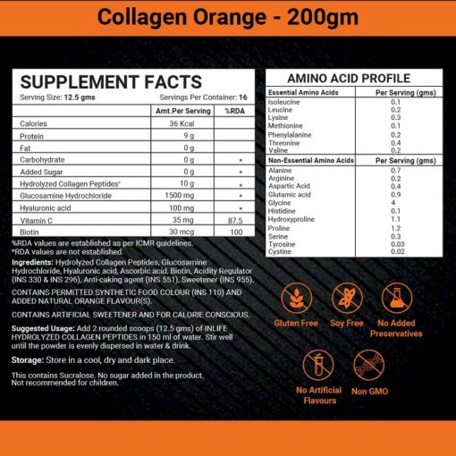 INLIFE Hydrolysed Collagen Peptides with Biotin, Vitamin C, Hyaluronic Acid and Glucosamine HCl Supplement, 200g - Image 2