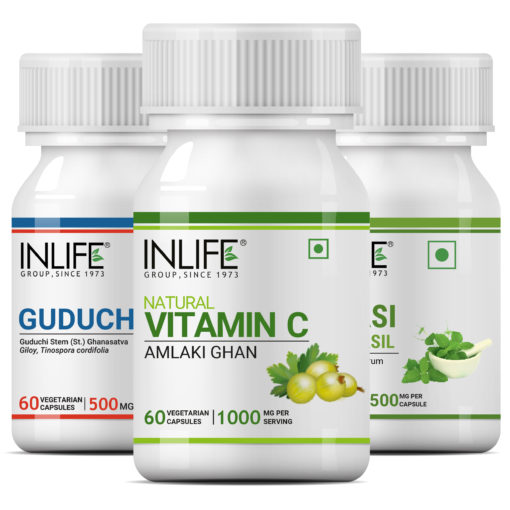 INLIFE Natural Immunity Essential Combo Pack 1 - Amla (Natural Vitamin C), Guduchi (Giloy) & Tulsi Supplement