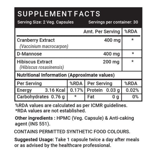 INLIFE Cranberry 400mg D-Mannose 400mg & Hibiscus 200mg Extract Urinary Tract Health Supplement - 60 Vegetarian Capsules - Image 3
