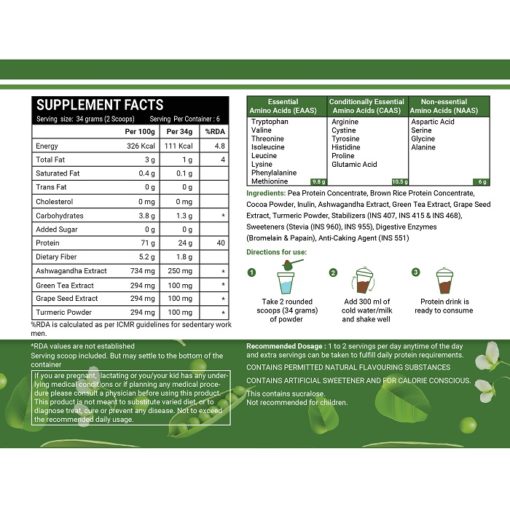 INLIFE Vegan Plant Based Protein Powder 24g Protein (Pea & Brown Rice) with Ayurvedic Herbs (Chocolate Flavour) - Image 2
