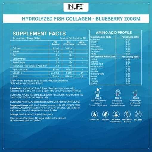 INLIFE Hydrolyzed Marine Fish Collagen Peptides Powder, Clinically Proven (with Biotin, Hyaluronic acid & Vitamin C) Supplement for Skin, Hair-Men & Women, Type 1 Collagen, 200 grams - Image 3