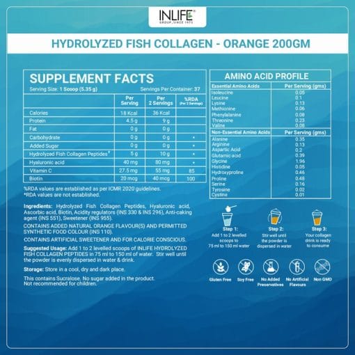 INLIFE Hydrolyzed Marine Fish Collagen Peptides Powder, Clinically Proven (with Biotin, Hyaluronic acid & Vitamin C) Supplement for Skin, Hair-Men & Women, Type 1 Collagen, 200 grams - Image 2