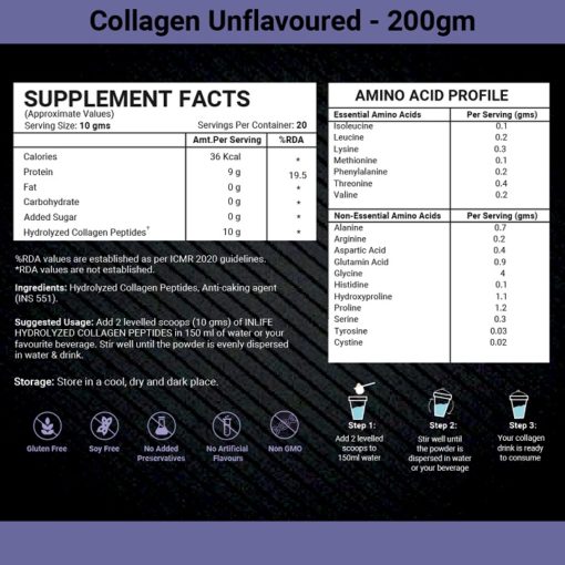 INLIFE Hydrolyzed Collagen Peptides Powder Supplement Clinically Proven Ingredient, Type 1 & 3, Skin Health, Bone Health- 200g (Unflavoured) - Image 2