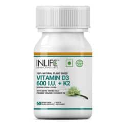 INLIFE Plant Based Vegan Vitamin D3 K2 Supplement, for Bone Health & Immune Support, 600 IU - 60 Capsules
